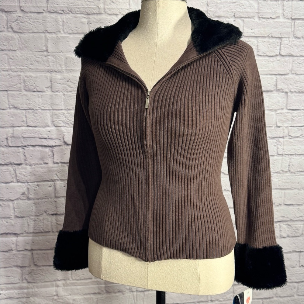 Crazy Horse by Liz Claiborne Brown cardigan sweater with Black Faux Fur Trim